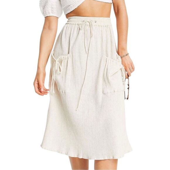 ASOS Drawstring Midi Crinkle Cream Skirt 14 - Picture 1 of 5